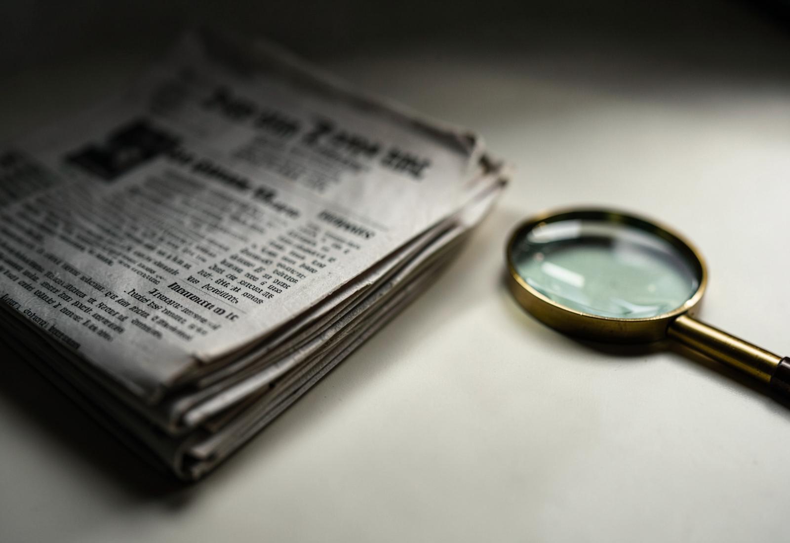 A folded stack of newspapers beside a brass magnifying glass on an off-white desk