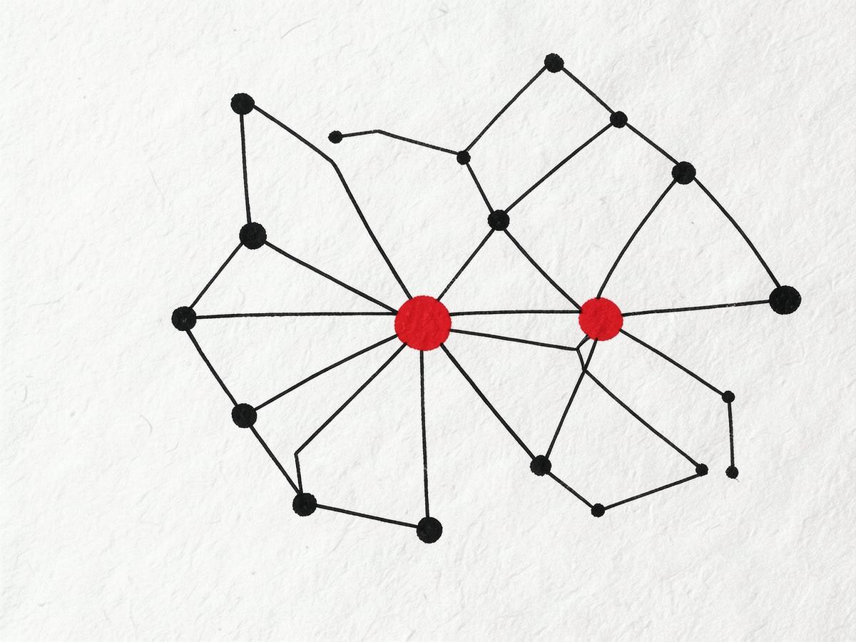 Hand drawn network diagram of connected nodes with two central nodes marked in red